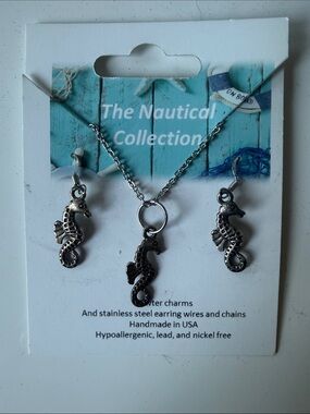 Nautical Collection Silver Seahorse Necklace and Earring Set